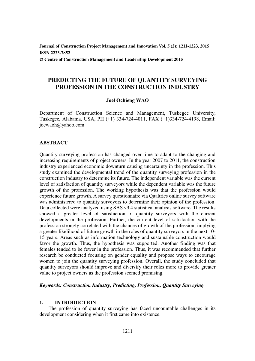 Pdf Predicting The Future Of Quantity Surveying Profession In The - pdf predicting the future of quantity surveying profession in the construction industry